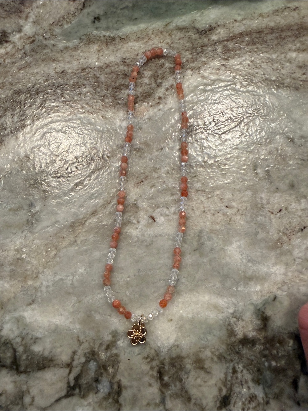 Delicate Orange and Clear Stretchy Beaded Necklace with Gold Flower Pendant